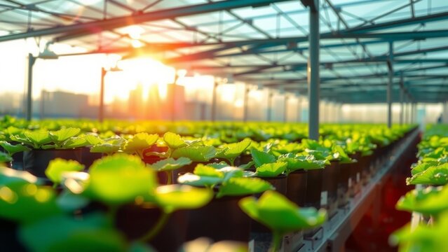 Rows of green plants in a greenhouse at sunrise.