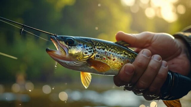Close-up of a freshly caught trout on a fishing line in golden hour