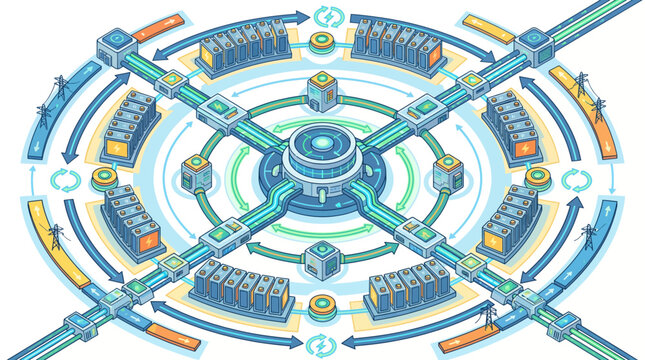 A futuristic blue and orange circular mechanical design with green accents and white background.