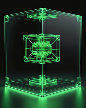 Futuristic Wireframe Glass Cube with Glowing Green Core Structure