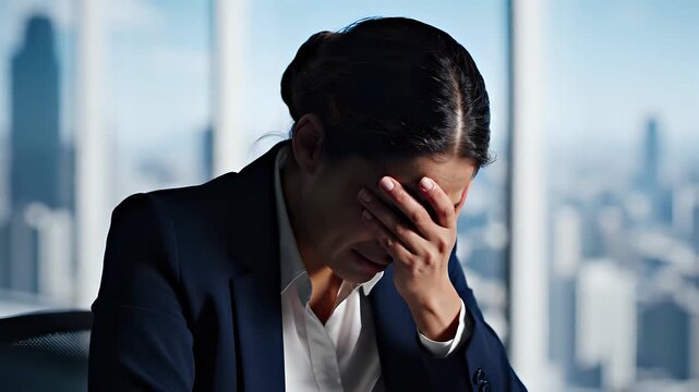 Businesswoman Crying in Office Overlooking Cityscape.