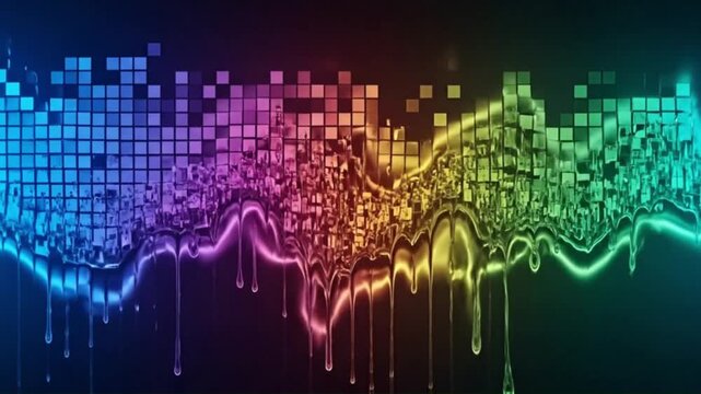 Vibrant abstract digital sound wave visualization with dripping liquid effect pulsating rainbow colors on dark background futuristic audio spectrum motion graphics clip