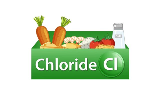 Nutrition infographic showing food sources of chloride mineral including salt carrots cheese and tomatoes.