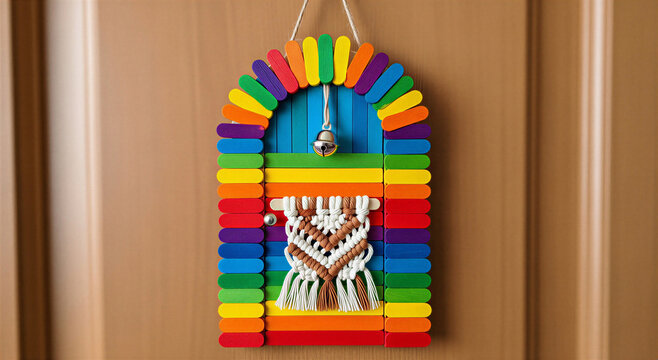 Colorful rainbow macrame wall hanging with blue center and bell decoration