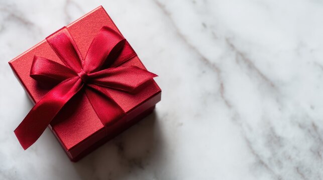 formal. Elegant red gift box tied with a satin ribbon, placed on a sleek marble surface. lifestyle magazines, social media lookbooks, designed for influencer and brand collaborations.