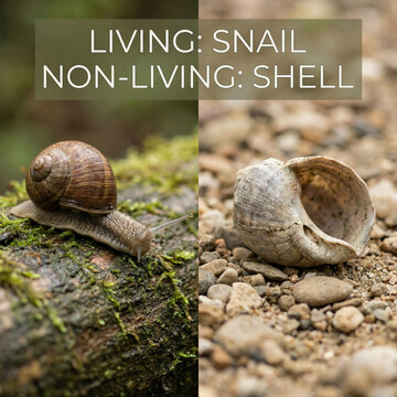 living snail and empty shell comparison on natural ground for educational concept