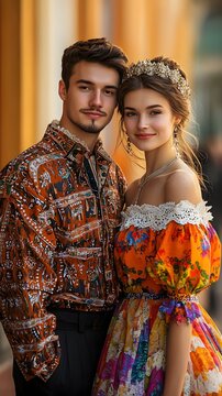 Two smiling adults in festive attire pose closely together, a man in a patterned shirt and a woman in a vibrant off-shoulder dress with a floral crown, warm golden backdrop.