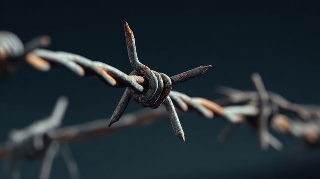 Close-animated movie view of a twisted metal barbed wire against a dark background highlighting sharp, pointed barbs and textured wire surface