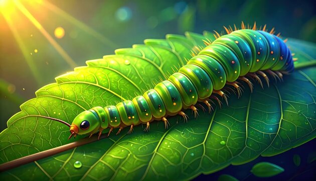 Vibrant Green Caterpillar Crawling on a Lush Leaf in Sunlight.