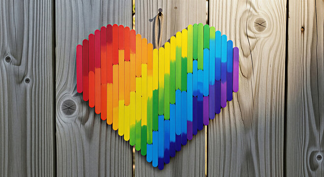 Rainbow heart made of colorful sticks on wooden fence background