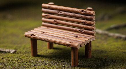 Fototapeta premium Small wooden log bench sitting on green mossy ground outside