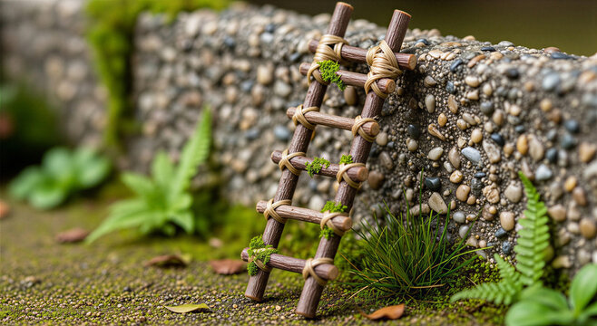 Small wooden ladder leaning on stone wall with green plants and moss growing around