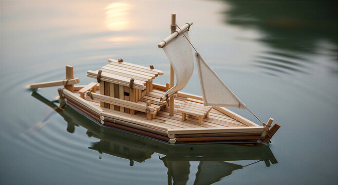 Small wooden toy boat with white sail on calm water surface at sunset