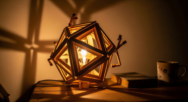 Wooden geometric lamp on table with book and coffee mug at home interior