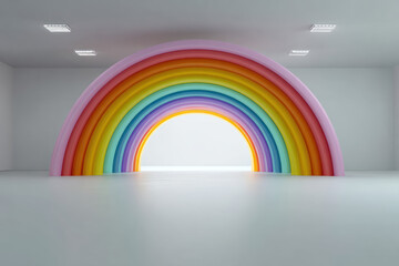 Naklejka premium Rainbow arch in minimal white studio with dramatic shaft of light and wide empty floor conveying monumental progress.