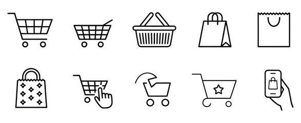 Shopping bag icon set, online purchase shopping cart trolley symbol, outline style illustration vector design © MUNNU