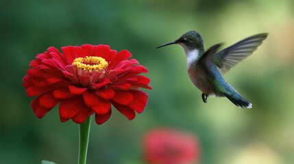 Fototapeta premium hummingbird. A hummingbird hovers near a red flower, its wings moving fast against a green background. wildlife magazines, conservation campaigns, designed for nature documentaries and education.