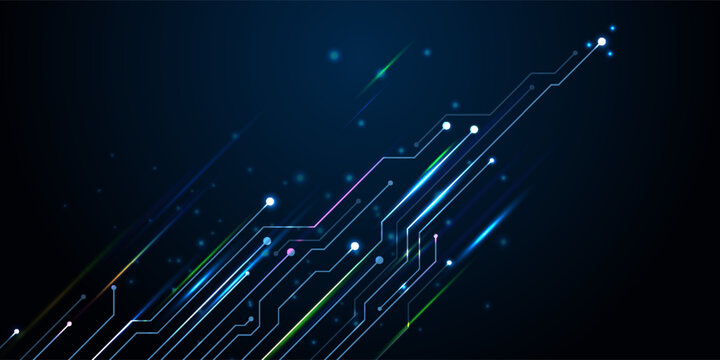 Blue glowing lines with glitter light effect on dark background. High speed internet technology concept or fast wireless data transmission. modern internet network connection technology background