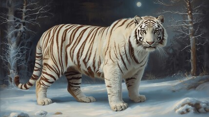 Obraz premium White Tiger in Snowy Forest with Moonlight Wildlife Full Body