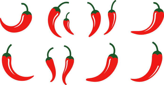 Minimal Red Chili Pepper Vector Set Flat Design Solid Color Food Icons Collection