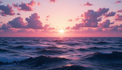 Obraz premium Vibrant ocean sunset with pink and purple clouds over dark rolling waves. Cinematic anime aesthetic with a glowing sun on the horizon. Dreamy seascape digital illustration background art.