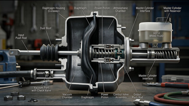 Brake Booster Diaphragm Housing and Check Valve Exposed in 3D Cutaway for Vacuum Assist Braking