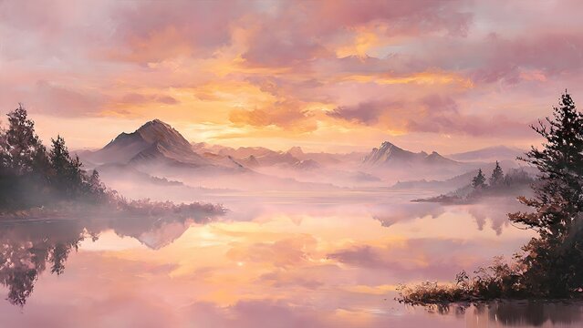 Serene mountain lake at sunrise in a soft anime style. Pastel pink clouds and misty peaks reflect on calm water during golden hour. Ethereal nature digital art illustration background.