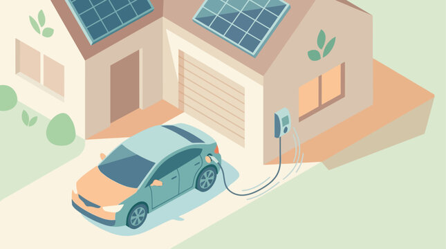 Isometric illustration of a residential home with solar panels and electric vehicle charging station, eco-friendly green energy concept for sustainable living