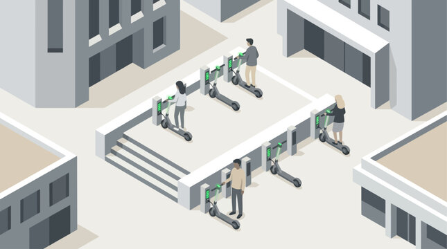Isometric city scene with people riding electric scooters at a charging station, urban sustainable transportation and micro-mobility concept for smart city digital marketing