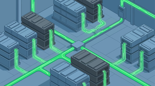 Isometric Data Center Server Room Illustration with Glowing Green Fiber Optic Cables for Cloud Computing and Network Infrastructure Concepts