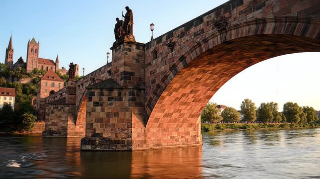Historic Stone Bridge Arches Over Calm River with Cityscape Background.