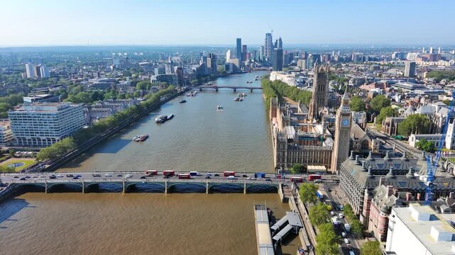 Aerial View of London, UK: Iconic Clock Tower, Big Ben and Palace of Westminster in Center of Capital City of United Kingdom of Great Britain and Northern Ireland