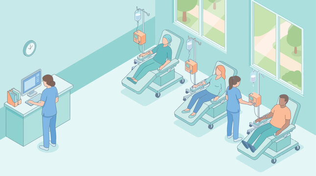 Isometric Hospital Infusion Center with Patients Receiving Intravenous Treatment and Medical Staff in a Modern Clinical Setting