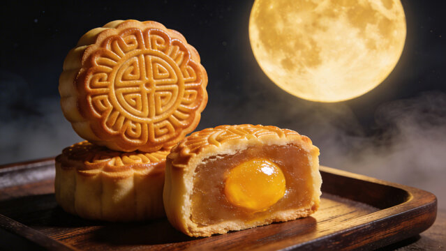 A close-up of mooncakes on a wooden board, showcasing their golden-brown crust and layered filling.