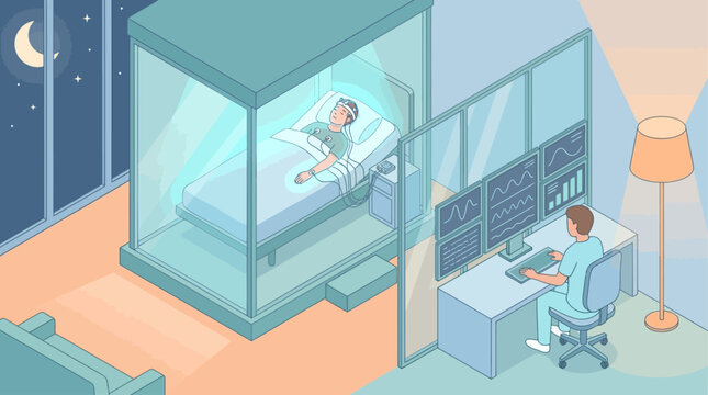 Isometric hospital sleep study lab with patient undergoing polysomnography monitoring by a medical technician, modern clinic healthcare interior, digital health technology concept