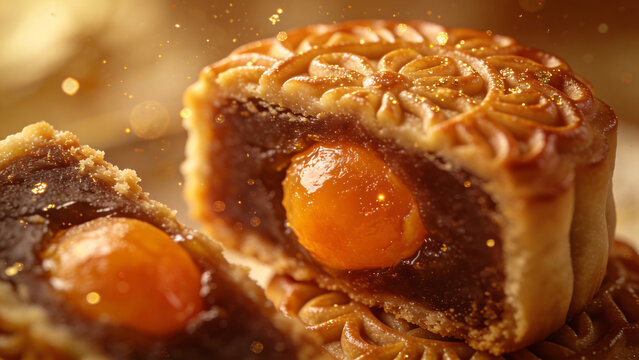 A close-up of mooncakes on a wooden board, showcasing their golden-brown crust and layered filling.