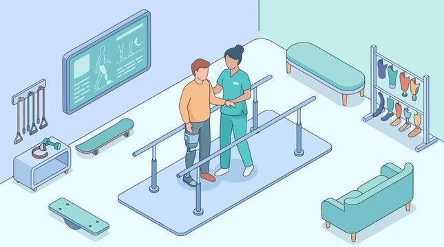 Isometric Hospital Rehabilitation Center with Physical Therapist Helping Patient with Prosthetic Leg Walk with Parallel Bars, Healthcare Medical Vector Illustration