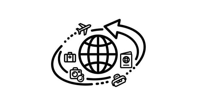 Global travel and tourism concept icon with airplane, passport, luggage, and camera circling the earth. World journey vector.