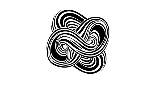 Intricate abstract black and white striped knot vector illustration, complex interwoven tangled lines graphic design element.