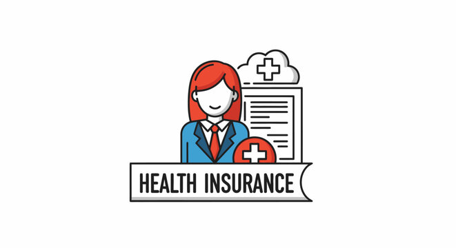 Health insurance concept illustration featuring a female agent, medical document, healthcare symbols, and protective coverage.