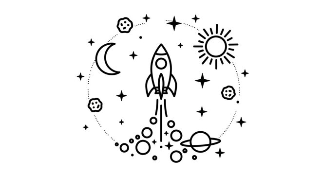 Minimalist Space Exploration Icon: Rocket Launching Amidst Planets, Stars, Sun, and Moon in a Cosmic Circular Line Art