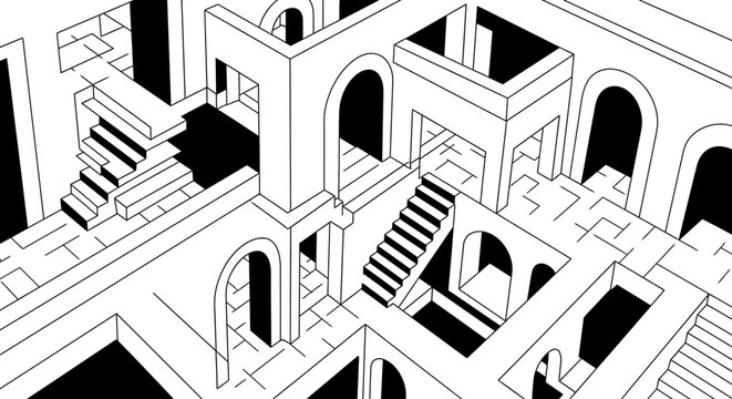 Abstract impossible architecture line art drawing with complex optical illusion and paradoxical perspective of an intricate structure.