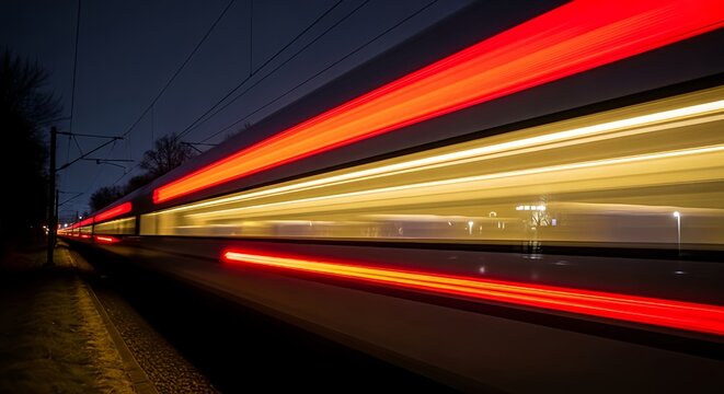 Long exposure light trails of a fast moving express train at night