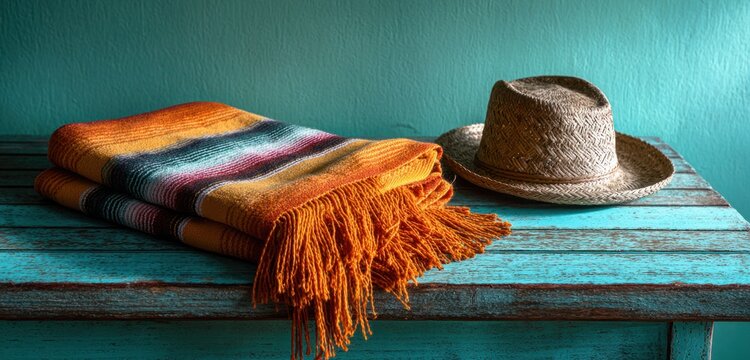 Colorful woven blanket with fringes and a straw hat displayed on a rustic wooden table against a vibrant teal background