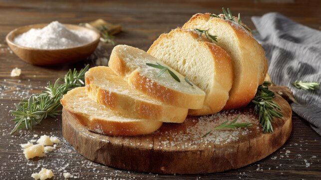 Freshly Sliced Bread on a Wooden Board with Sprigs of Rosemary and Sea Salt Surrounding on a Rustic Kitchen Table Setting