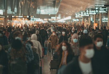 Fototapeta premium Crowded airport terminal with travelers wearing masks walking and waiting amidst bright lighting and modern architecture