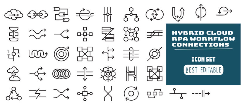 Diverse collection of abstract line art icons representing various workflow connections and business process automation concepts.
