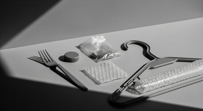 Fork utensil with bubble wrap plastic bag cap and hanger on table surface