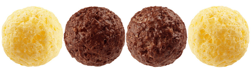 Delicious close-up photograph of crunchy golden corn and rich chocolate puffed cereal balls. © GraphicPNG