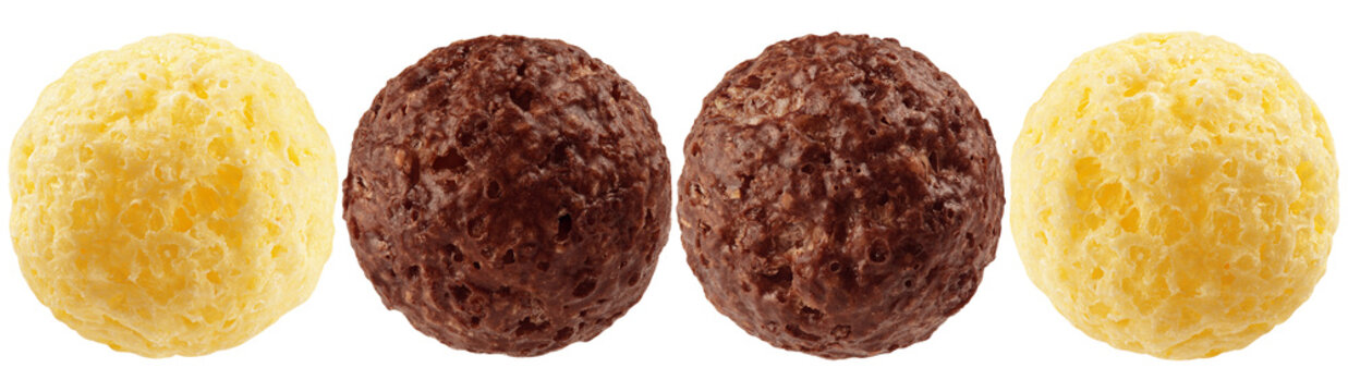Delicious close-up photograph of crunchy golden corn and rich chocolate puffed cereal balls.